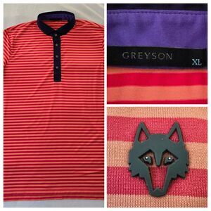 Greyson Golf Stiped Polo Shirt Mens XL Rubber Wolf Logo Performance Short Sleeve